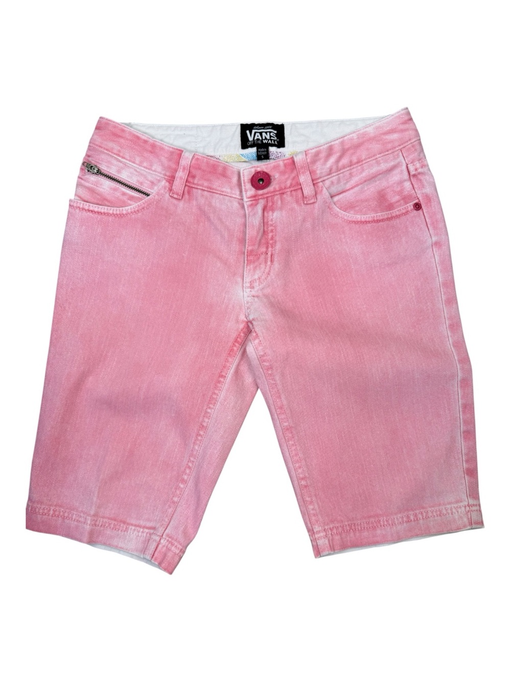VTG VANS 90s Y2K Pink Acid Wash Denim Jorts Shorts Low Rise Back Patch Sz 5